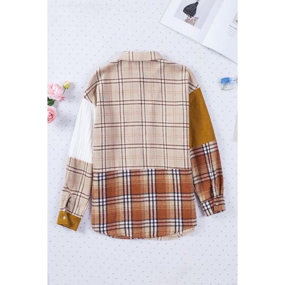 Azura Exchange  Orange Plaid Color Block Patchwork Shirt Jacket with Pocket - Picture 11 of 15